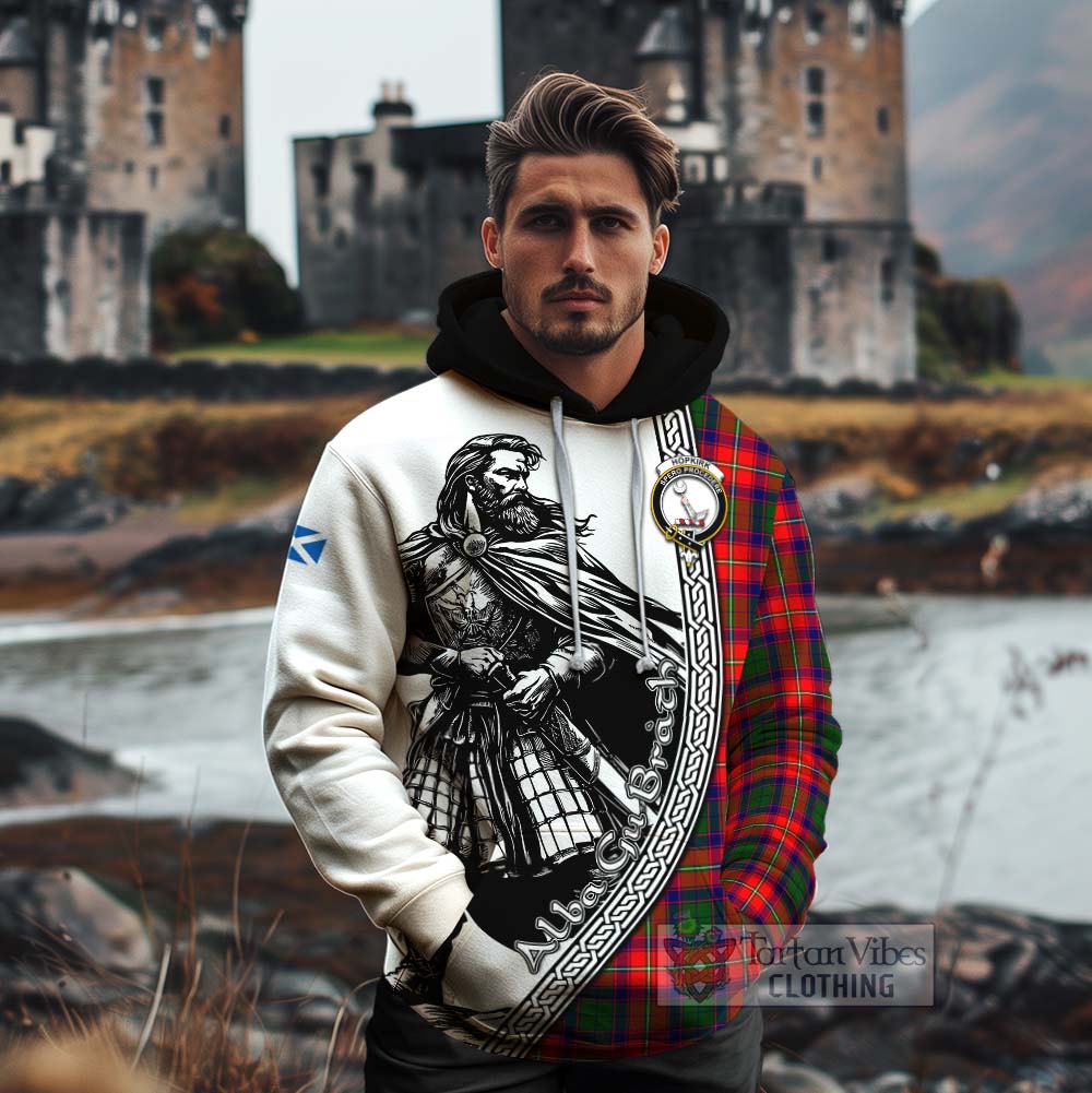 Tartan Vibes Clothing Hopkirk Tartan Clan Crest Cotton Hoodie with Highlander Warrior Celtic Style