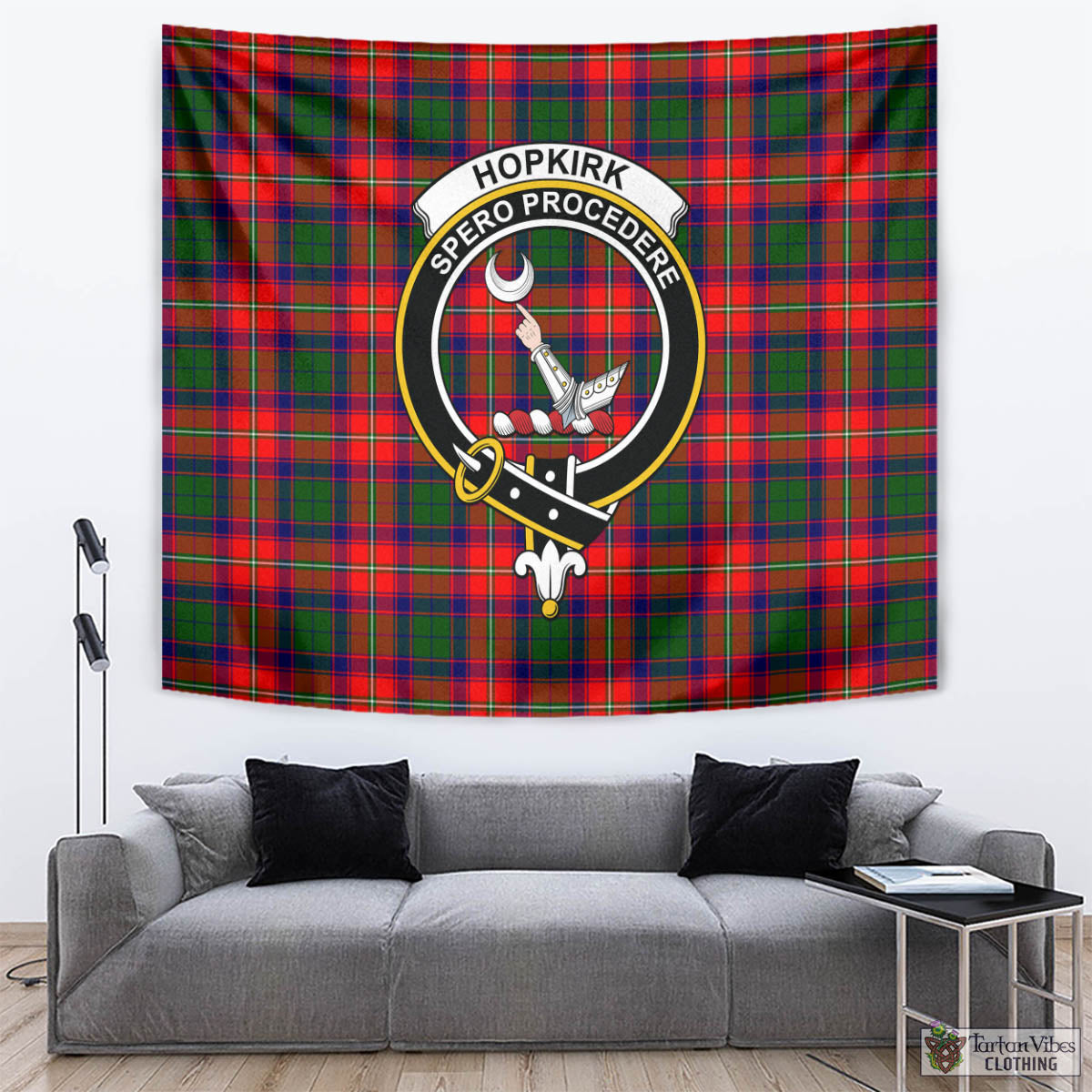 Tartan Vibes Clothing Hopkirk Tartan Tapestry Wall Hanging and Home Decor for Room with Family Crest