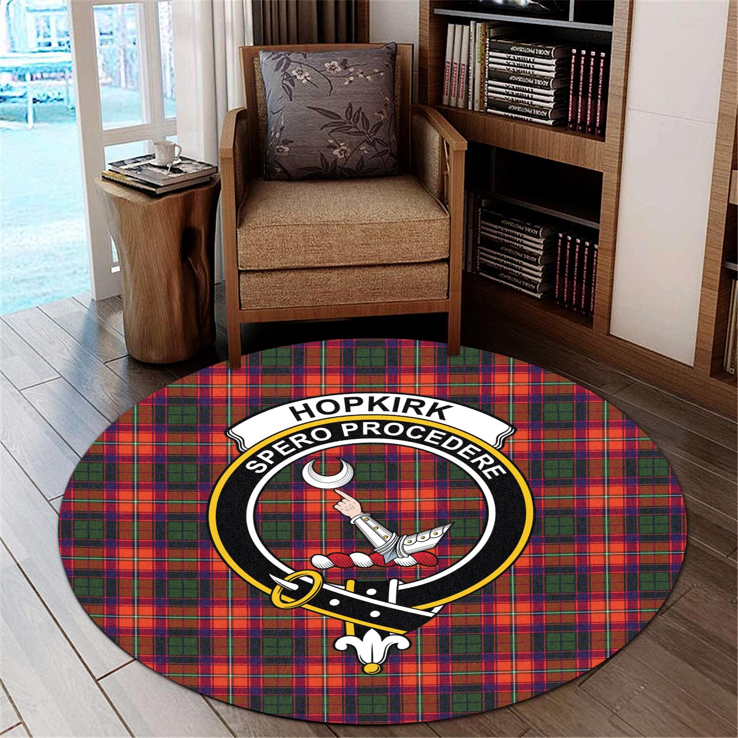 hopkirk-tartan-round-rug-with-family-crest