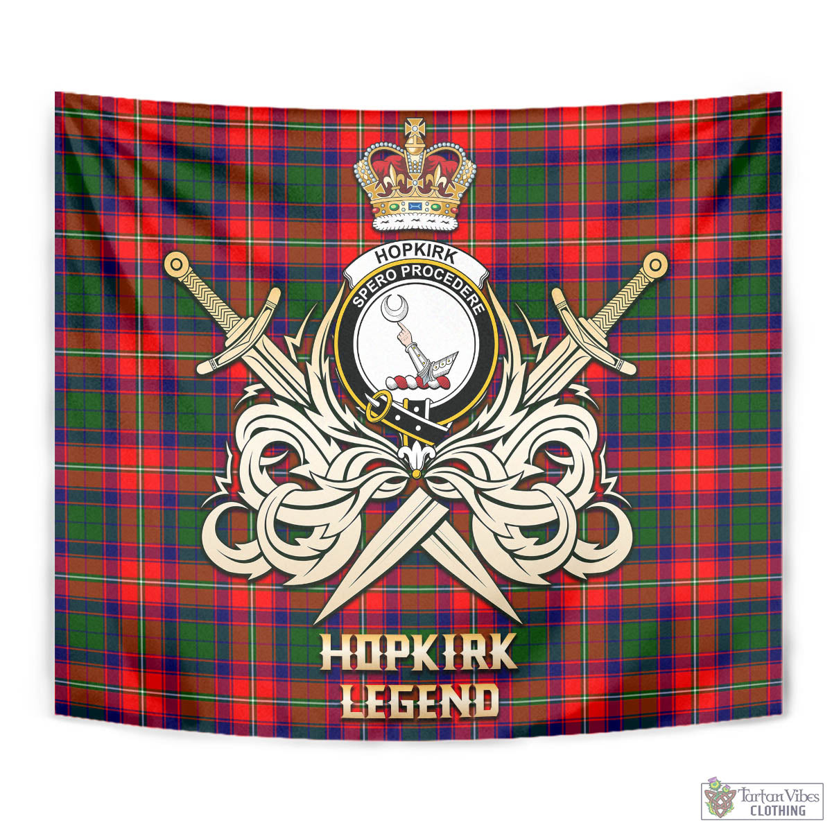 Tartan Vibes Clothing Hopkirk Tartan Tapestry with Clan Crest and the Golden Sword of Courageous Legacy