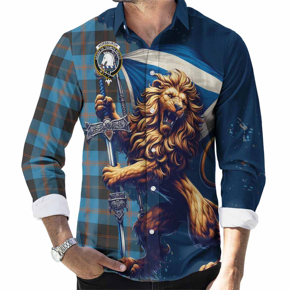 Tartan Vibes Clothing Horsburgh Tartan Family Crest Long Sleeve Button Shirt with Scottish Majestic Lion