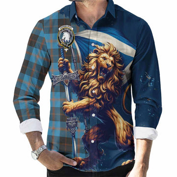 Horsburgh Tartan Family Crest Long Sleeve Button Shirt with Scottish Majestic Lion