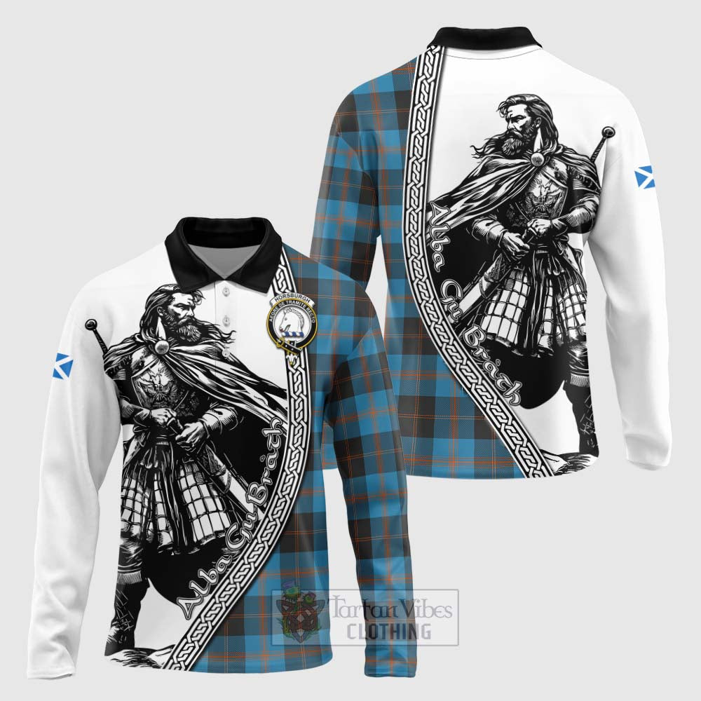 Tartan Vibes Clothing Horsburgh Tartan Clan Crest Long Sleeve Polo Shirt with Highlander Warrior Celtic Style