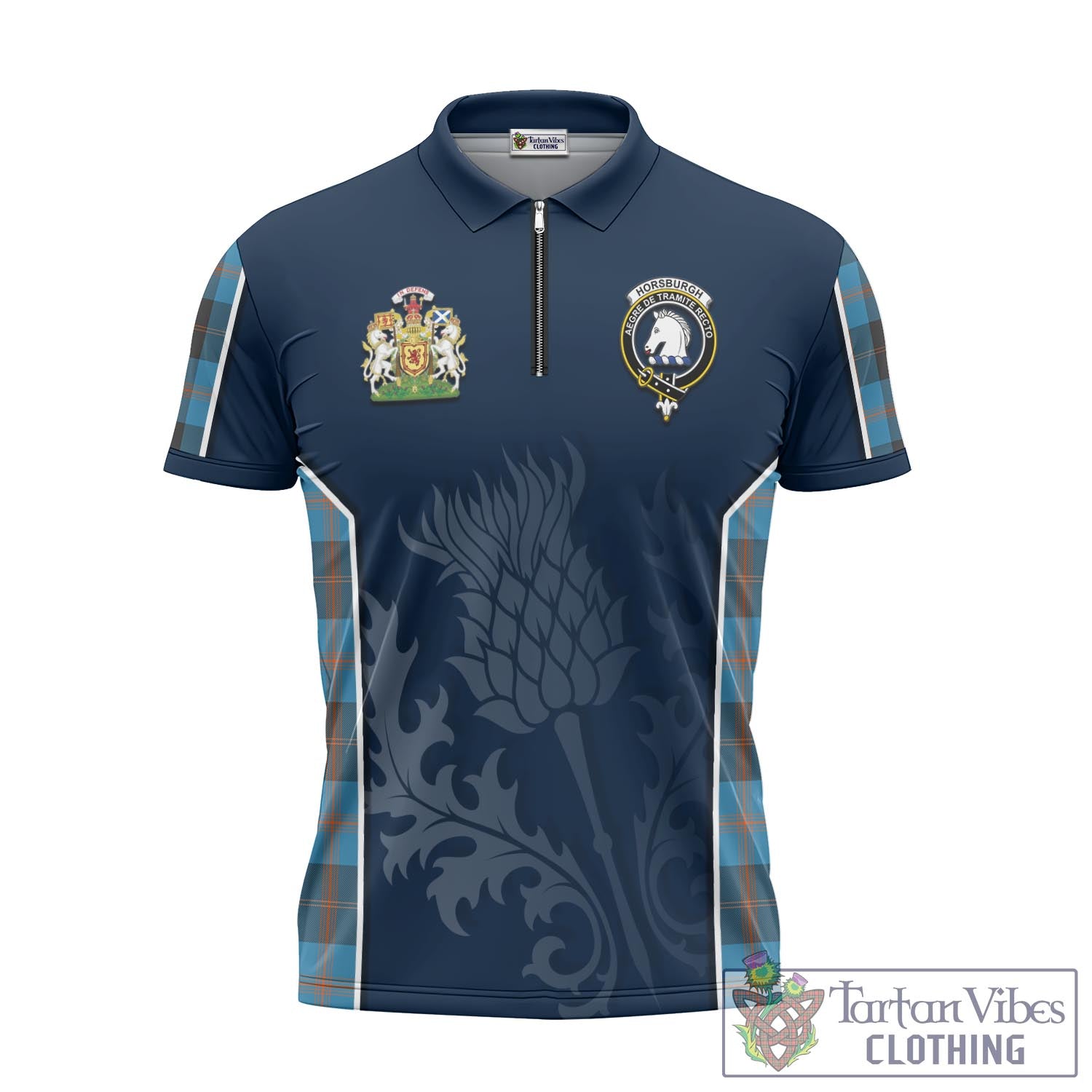 Tartan Vibes Clothing Horsburgh Tartan Zipper Polo Shirt with Family Crest and Scottish Thistle Vibes Sport Style