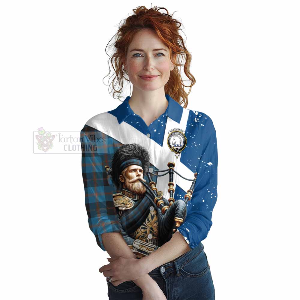 Tartan Vibes Clothing Horsburgh Tartan Women's Casual Shirt with Family Crest Scottish Bagpiper Vibes