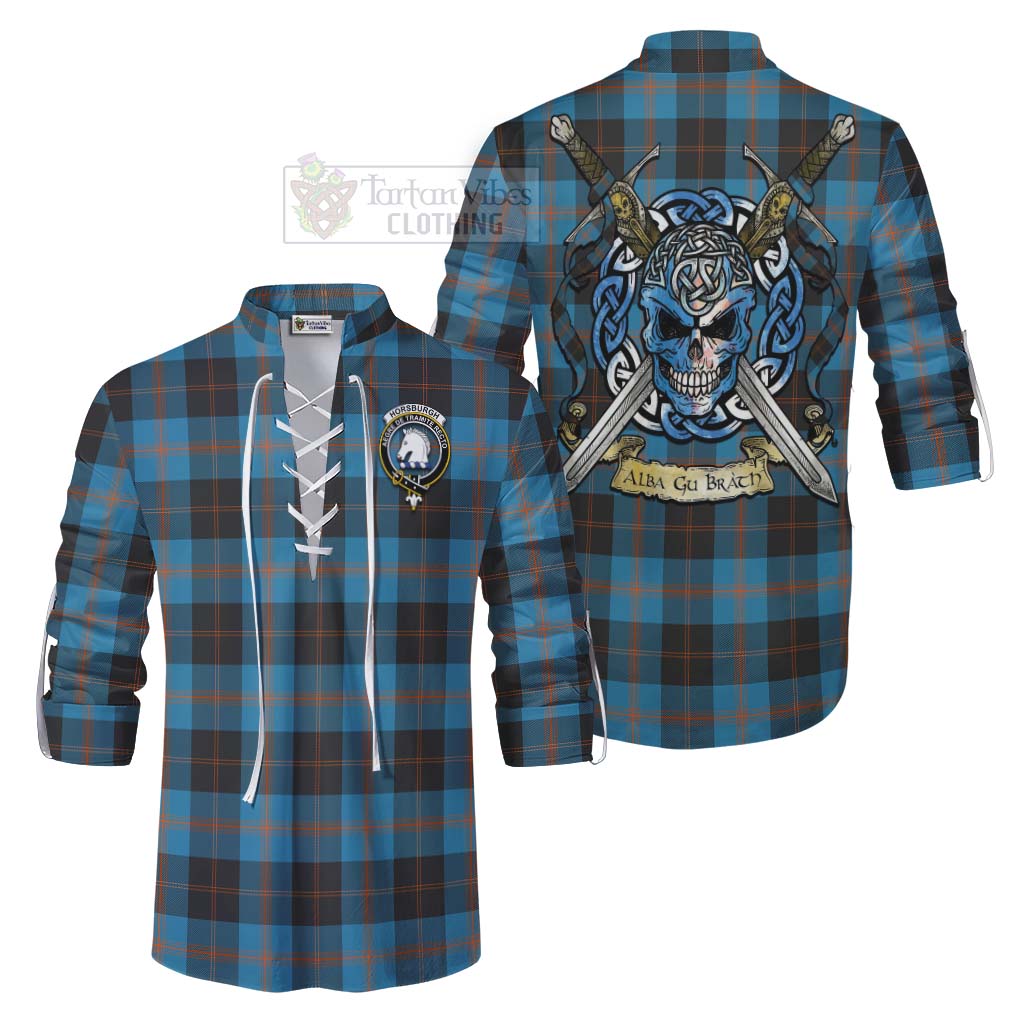 Tartan Vibes Clothing Horsburgh Tartan Ghillie Kilt Shirt with Family Crest Celtic Skull Style