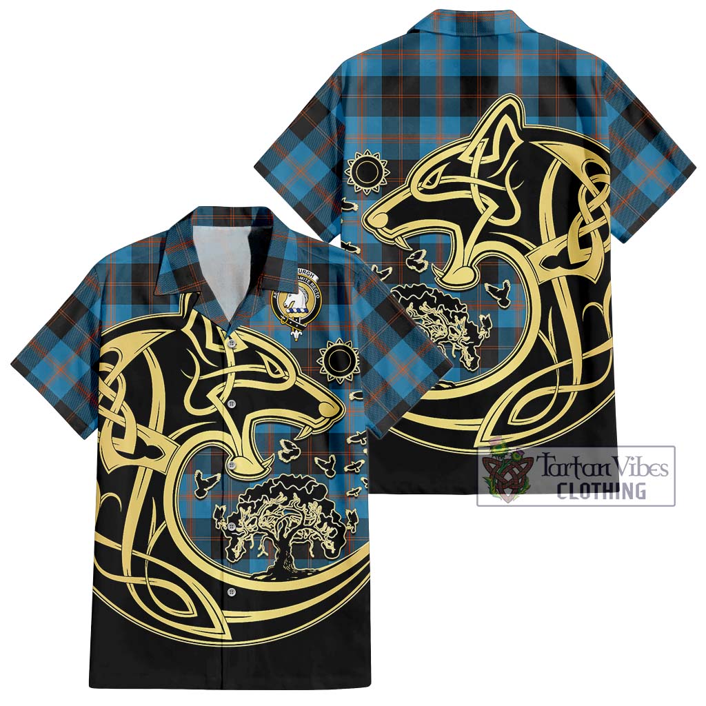 Tartan Vibes Clothing Horsburgh Tartan Short Sleeve Button Shirt with Family Crest Celtic Wolf Style