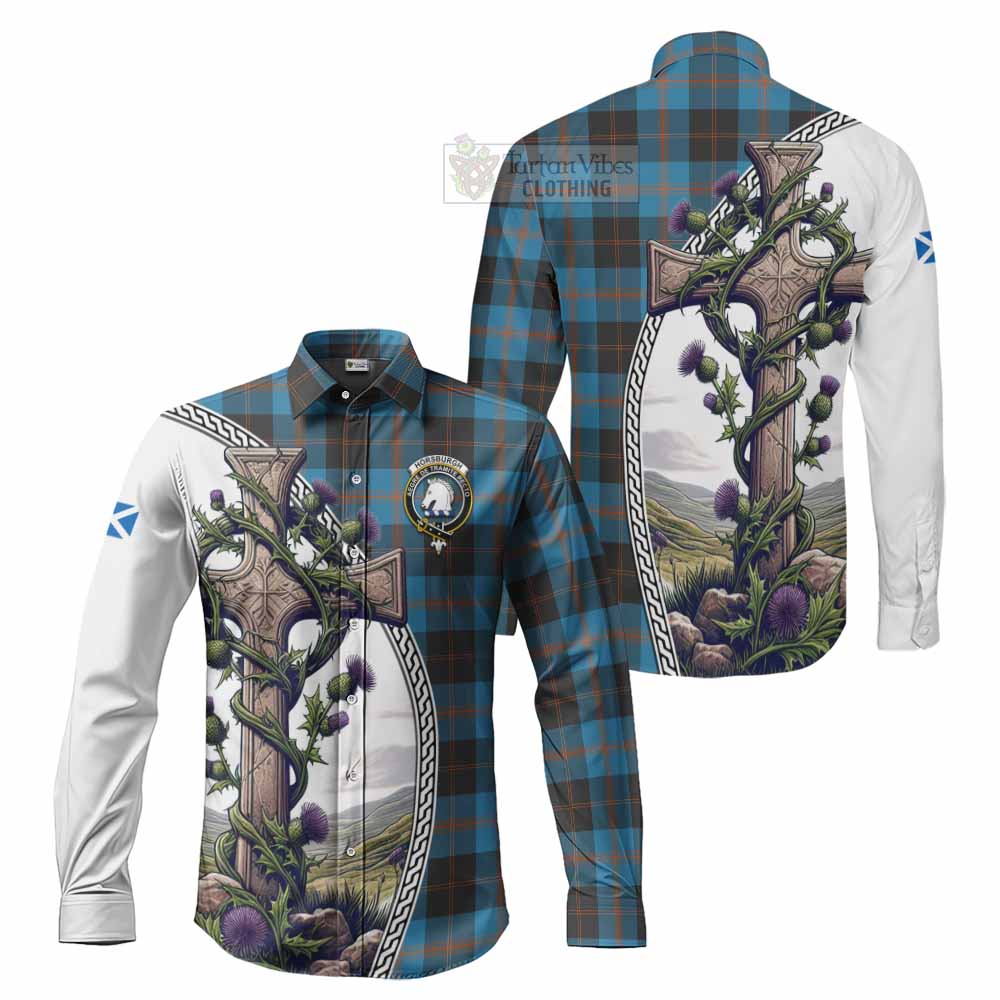 Tartan Vibes Clothing Horsburgh Tartan Long Sleeve Button Shirt with Family Crest and St. Andrew's Cross Accented by Thistle Vines