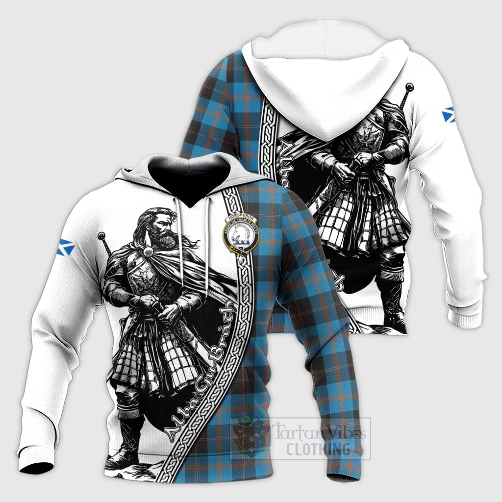 Tartan Vibes Clothing Horsburgh Tartan Clan Crest Knitted Hoodie with Highlander Warrior Celtic Style