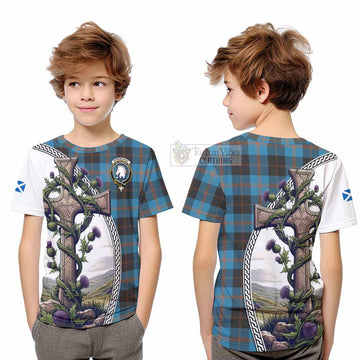 Horsburgh Tartan Kid T-Shirt with Family Crest and St. Andrew's Cross Accented by Thistle Vines