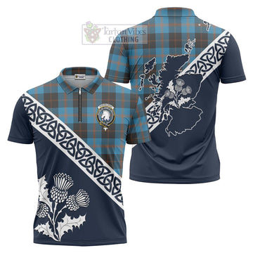 Horsburgh Tartan Zipper Polo Shirt Featuring Thistle and Scotland Map