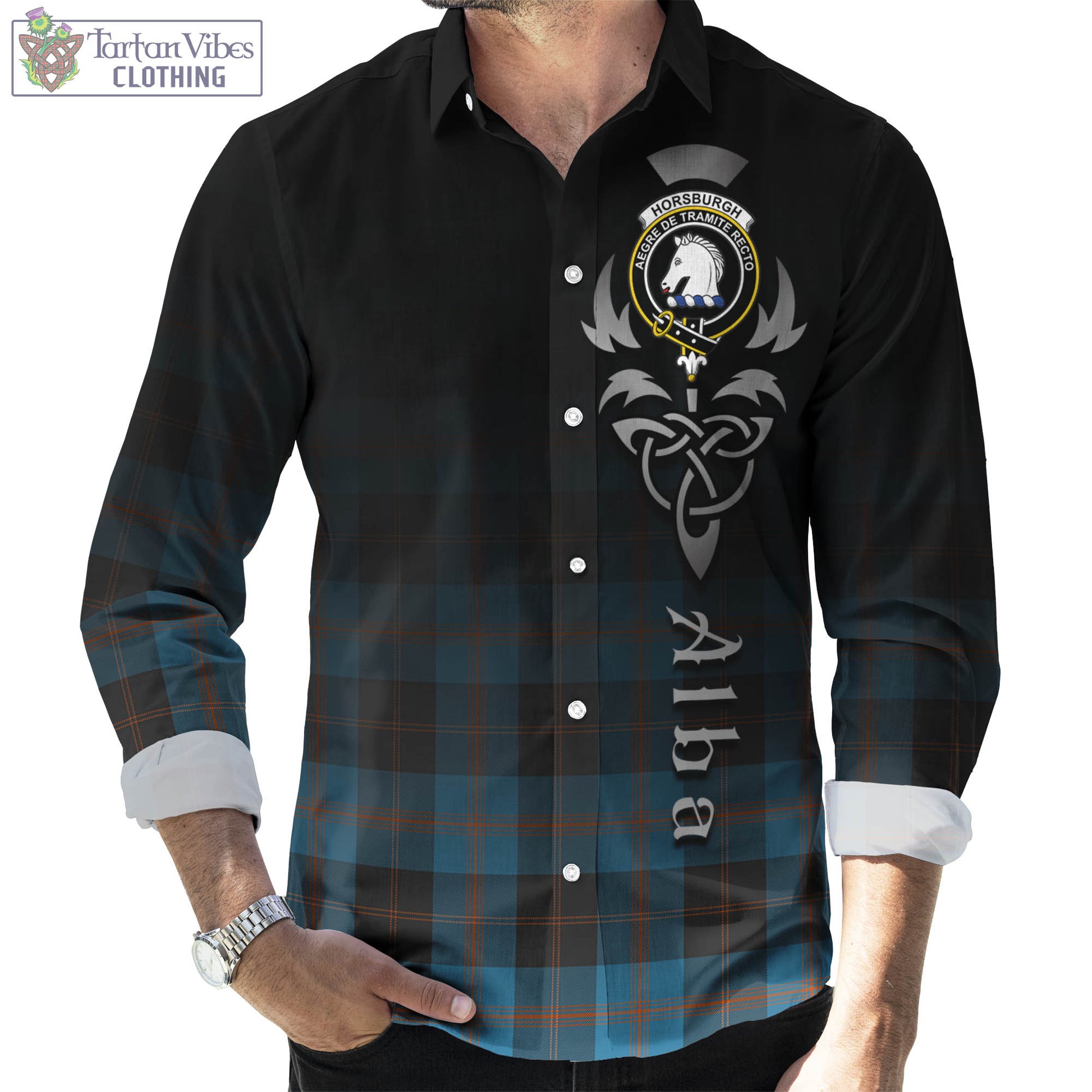 Tartan Vibes Clothing Horsburgh Tartan Long Sleeve Button Up Featuring Alba Gu Brath Family Crest Celtic Inspired