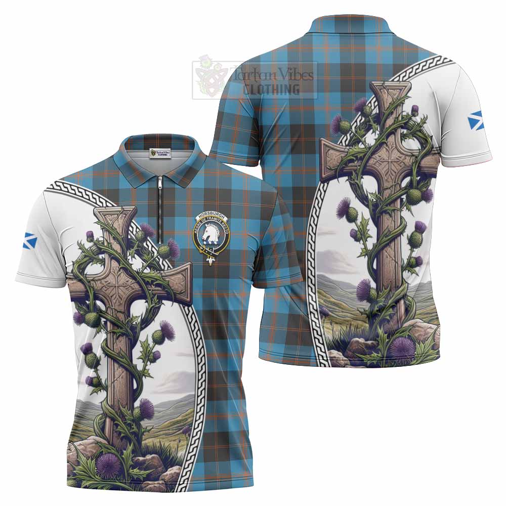 Tartan Vibes Clothing Horsburgh Tartan Zipper Polo Shirt with Family Crest and St. Andrew's Cross Accented by Thistle Vines