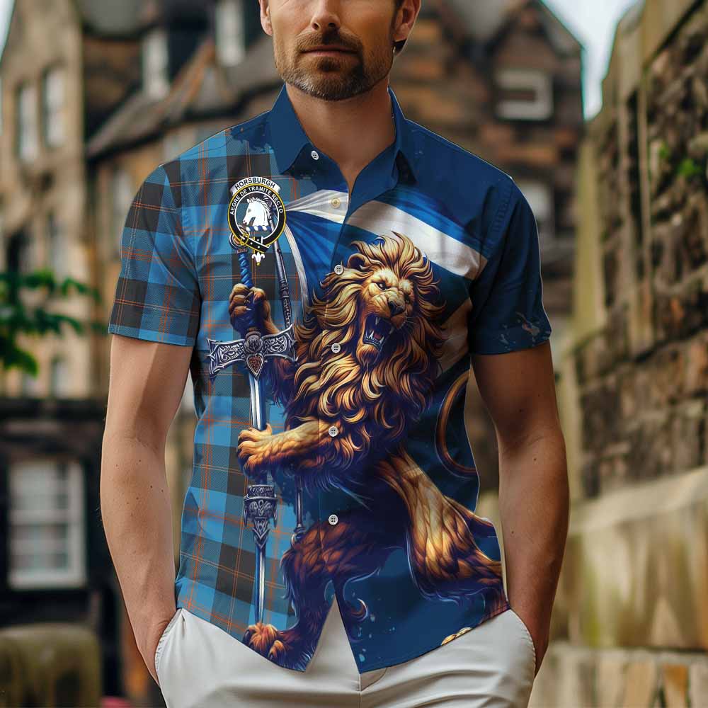 Tartan Vibes Clothing Horsburgh Tartan Family Crest Short Sleeve Button Shirt with Scottish Majestic Lion