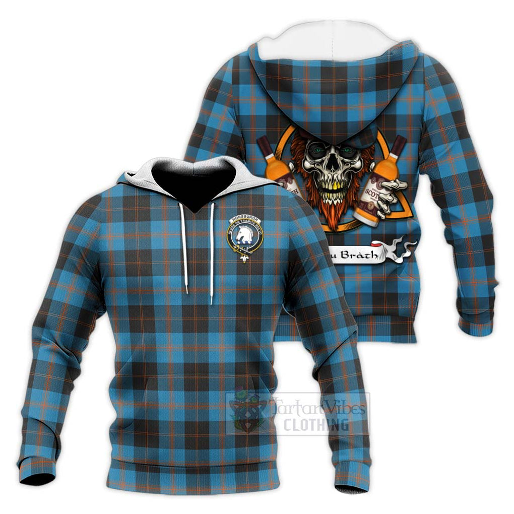 Tartan Vibes Clothing Horsburgh Tartan Knitted Hoodie with Family Crest and Bearded Skull Holding Bottles of Whiskey