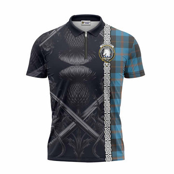 Horsburgh Tartan Zipper Polo Shirt with Family Crest Cross Sword Thistle Celtic Vibes