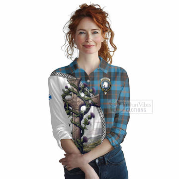 Horsburgh Tartan Women's Casual Shirt with Family Crest and St. Andrew's Cross Accented by Thistle Vines