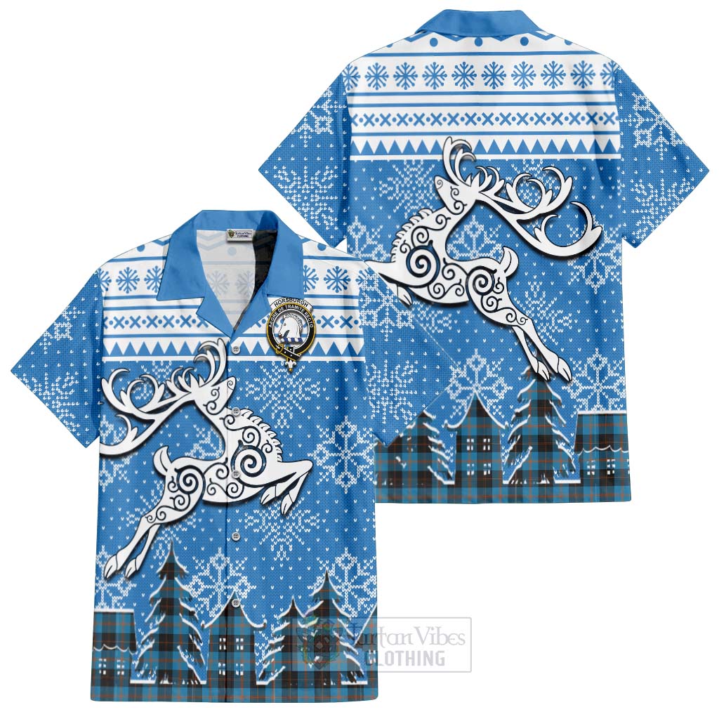 Tartan Vibes Clothing Horsburgh Clan Christmas Short Sleeve Button Shirt Celtic Reindeer Style