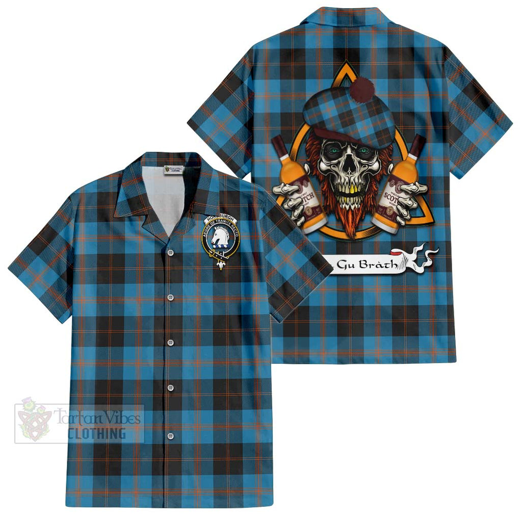 Tartan Vibes Clothing Horsburgh Tartan Short Sleeve Button Shirt with Family Crest and Bearded Skull Holding Bottles of Whiskey