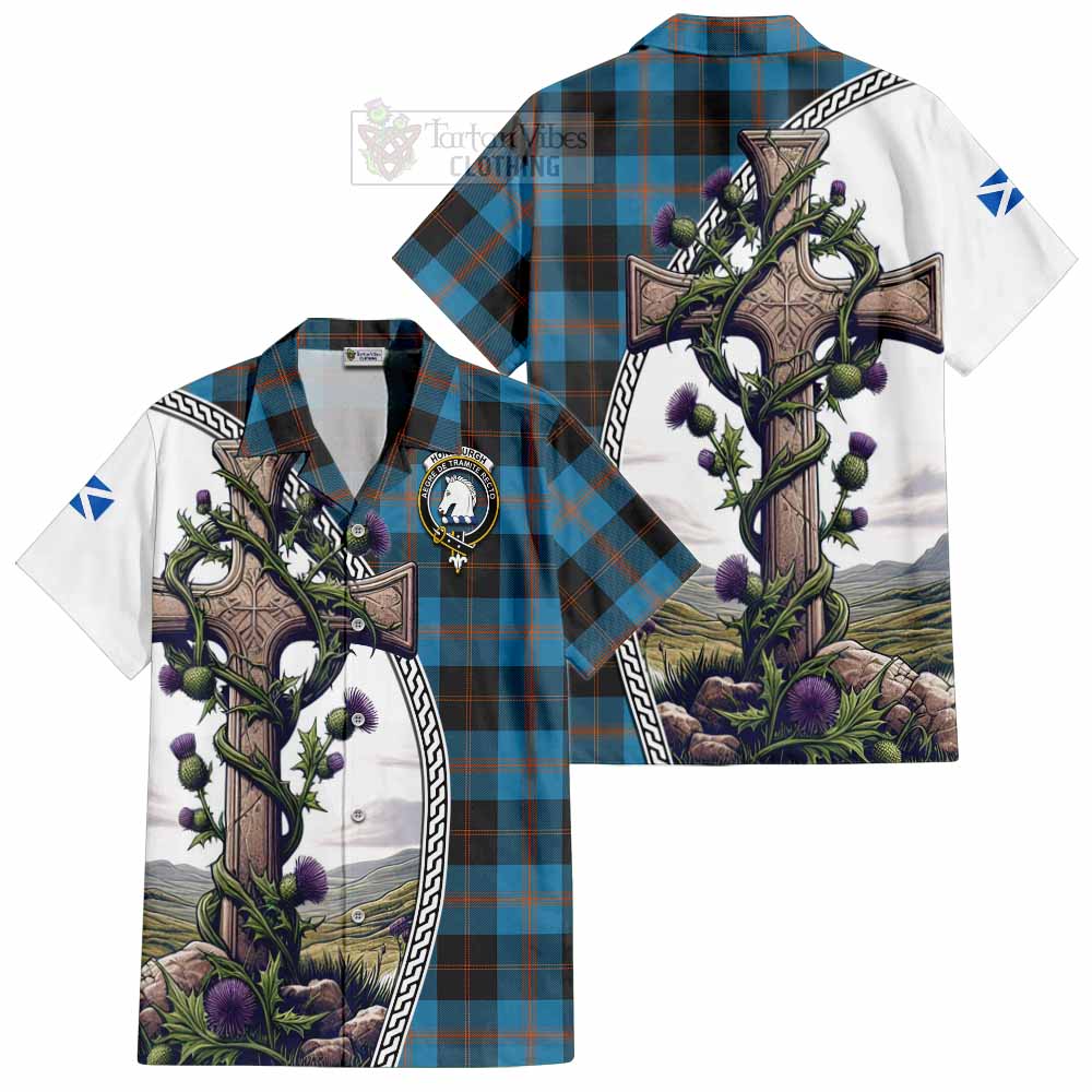 Tartan Vibes Clothing Horsburgh Tartan Short Sleeve Button Shirt with Family Crest and St. Andrew's Cross Accented by Thistle Vines