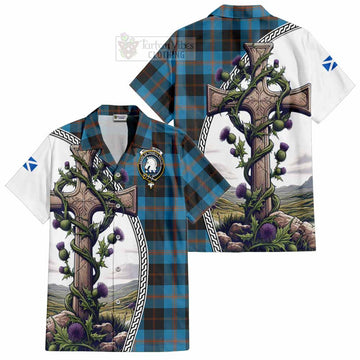 Horsburgh Tartan Short Sleeve Button Shirt with Family Crest and St. Andrew's Cross Accented by Thistle Vines