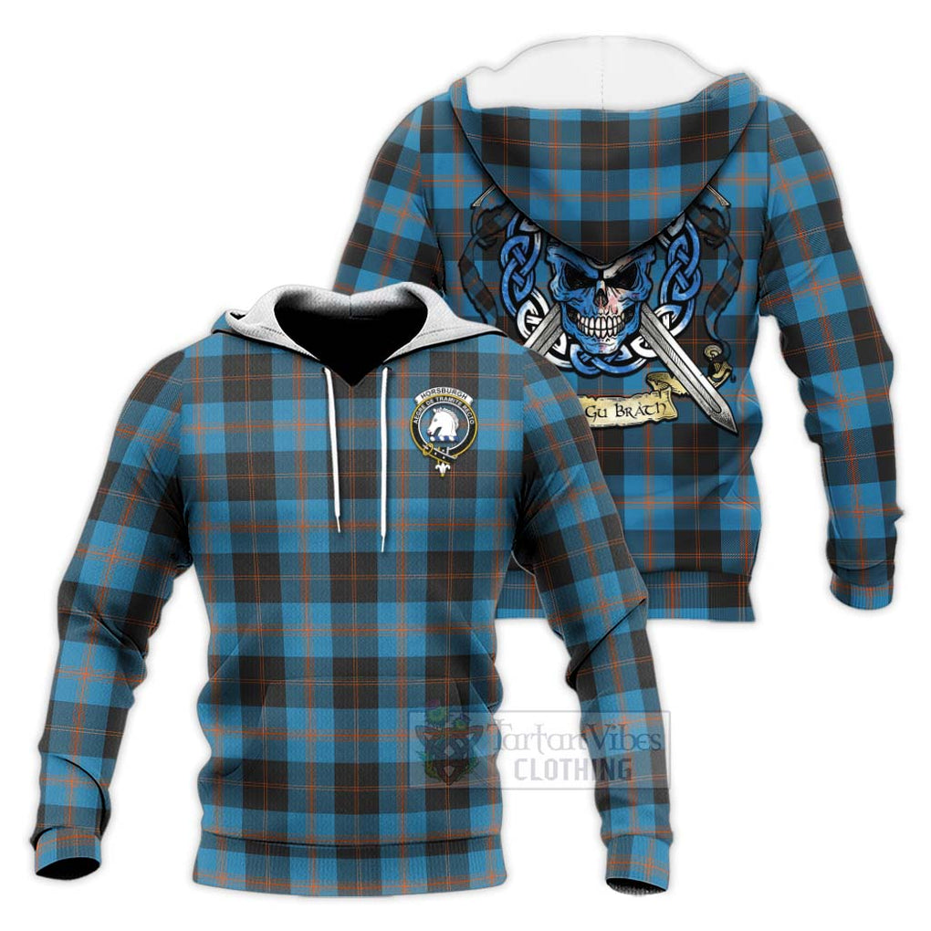 Tartan Vibes Clothing Horsburgh Tartan Knitted Hoodie with Family Crest Celtic Skull Style