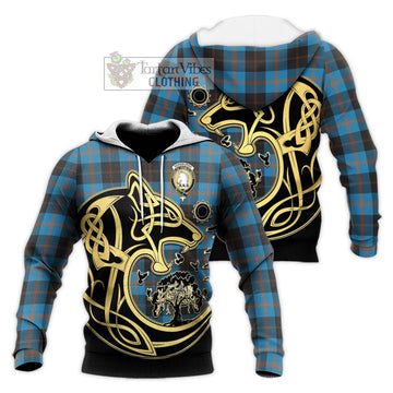 Horsburgh Tartan Knitted Hoodie with Family Crest Celtic Wolf Style