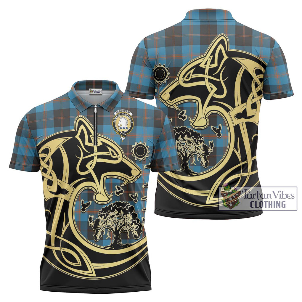 Horsburgh Tartan Zipper Polo Shirt with Family Crest Celtic Wolf Style Unisex - Tartanvibesclothing Shop