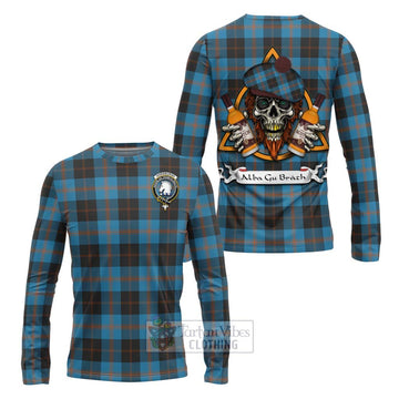 Horsburgh Tartan Long Sleeve T-Shirt with Family Crest and Bearded Skull Holding Bottles of Whiskey