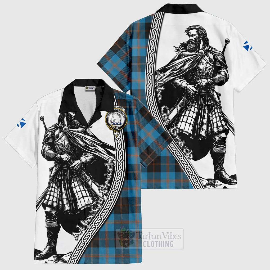 Tartan Vibes Clothing Horsburgh Tartan Clan Crest Short Sleeve Button Shirt with Highlander Warrior Celtic Style