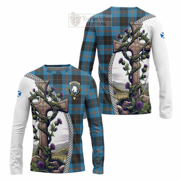 Horsburgh Tartan Long Sleeve T-Shirt with Family Crest and St. Andrew's Cross Accented by Thistle Vines