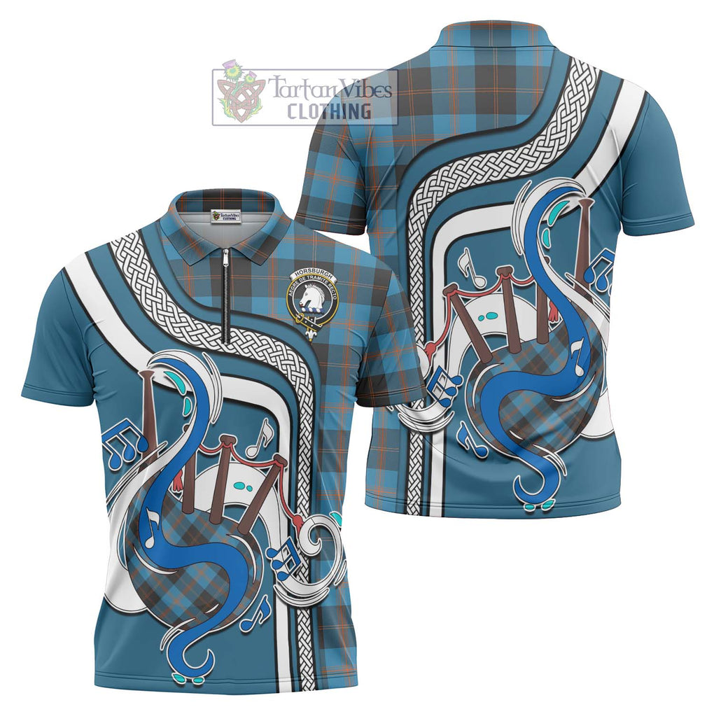 Horsburgh Tartan Zipper Polo Shirt with Epic Bagpipe Style Unisex - Tartanvibesclothing Shop