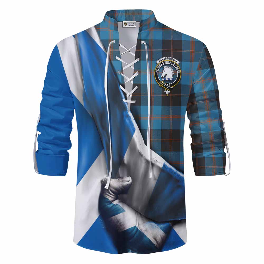 Tartan Vibes Clothing Horsburgh Tartan Ghillie Kilt Shirt with Family Crest Scotland Patriotic Style