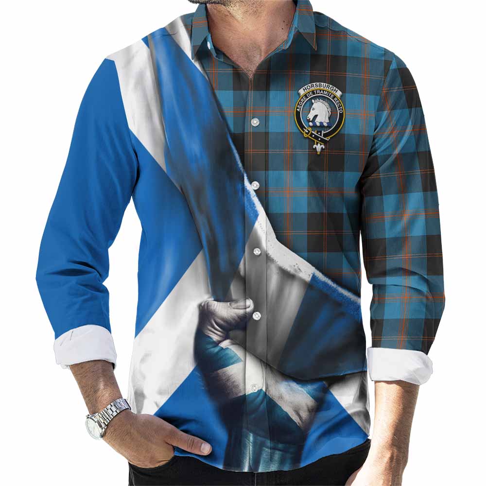 Tartan Vibes Clothing Horsburgh Tartan Long Sleeve Button Shirt with Family Crest Scotland Patriotic Style