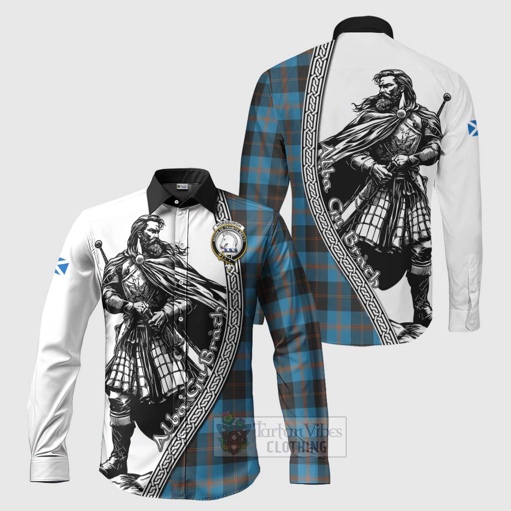 Tartan Vibes Clothing Horsburgh Tartan Clan Crest Long Sleeve Button Shirt with Highlander Warrior Celtic Style