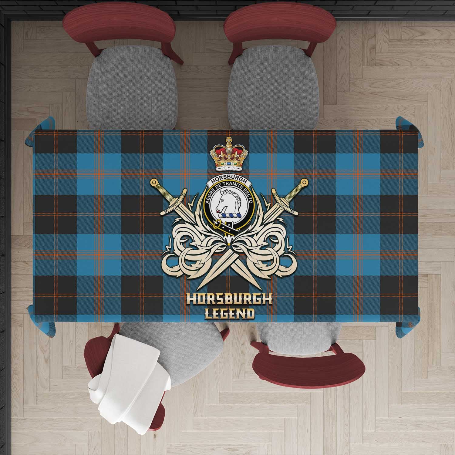 Tartan Vibes Clothing Horsburgh Tartan Tablecloth with Clan Crest and the Golden Sword of Courageous Legacy