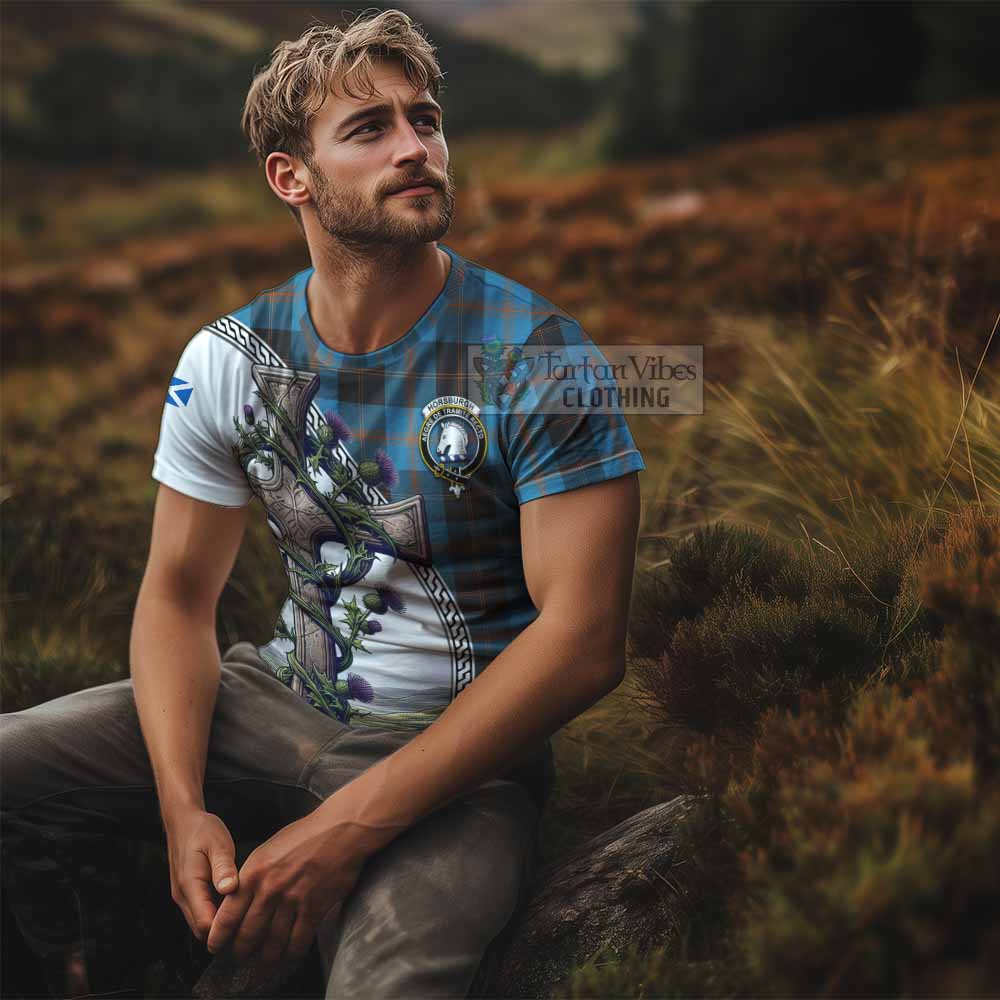 Tartan Vibes Clothing Horsburgh Agnew Tartan T-Shirt with Family Crest and St. Andrew's Cross Accented by Thistle Vines