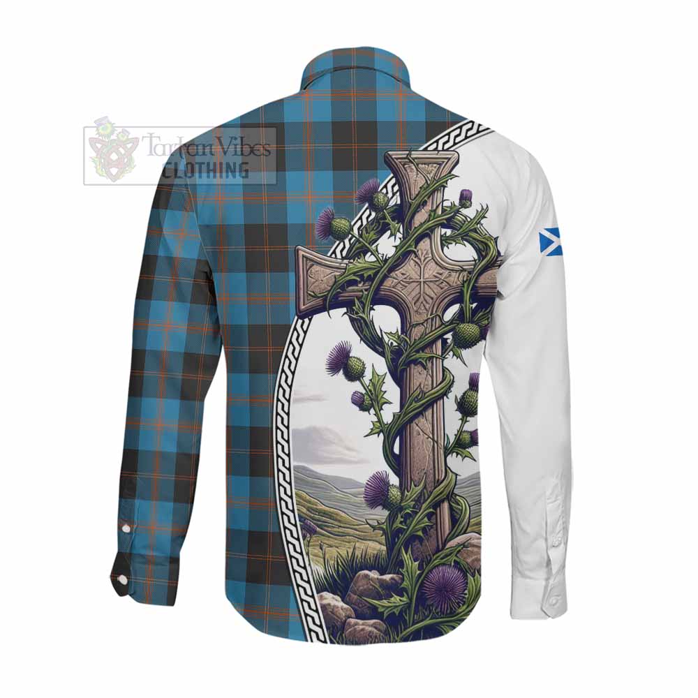 Tartan Vibes Clothing Horsburgh Tartan Long Sleeve Button Shirt with Family Crest and St. Andrew's Cross Accented by Thistle Vines