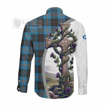 Horsburgh Tartan Long Sleeve Button Shirt with Family Crest and St. Andrew's Cross Accented by Thistle Vines