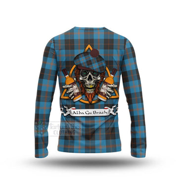 Horsburgh Tartan Long Sleeve T-Shirt with Family Crest and Bearded Skull Holding Bottles of Whiskey