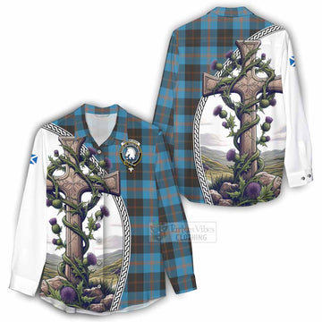 Horsburgh Tartan Women's Casual Shirt with Family Crest and St. Andrew's Cross Accented by Thistle Vines