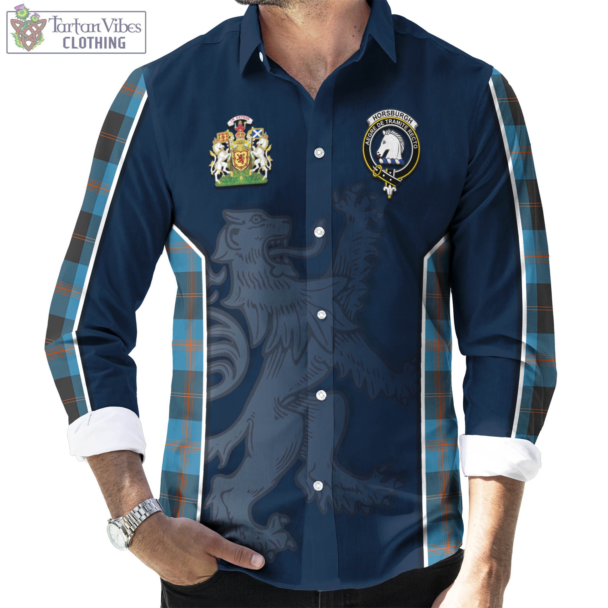 Tartan Vibes Clothing Horsburgh Tartan Long Sleeve Button Up Shirt with Family Crest and Lion Rampant Vibes Sport Style