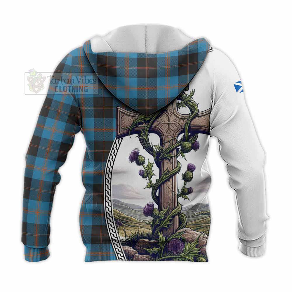 Tartan Vibes Clothing Horsburgh Tartan Knitted Hoodie with Family Crest and St. Andrew's Cross Accented by Thistle Vines