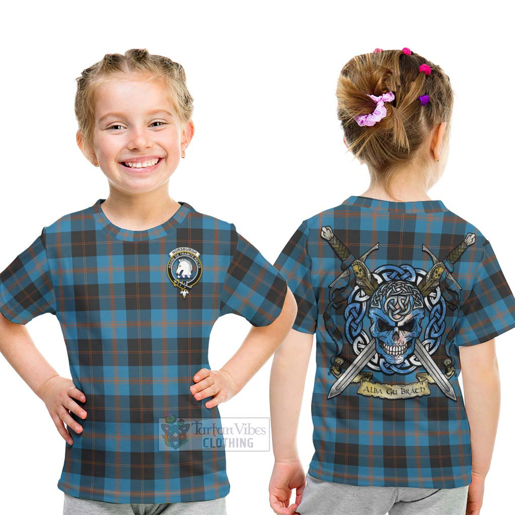 Tartan Vibes Clothing Horsburgh Tartan Kid T-Shirt with Family Crest Celtic Skull Style