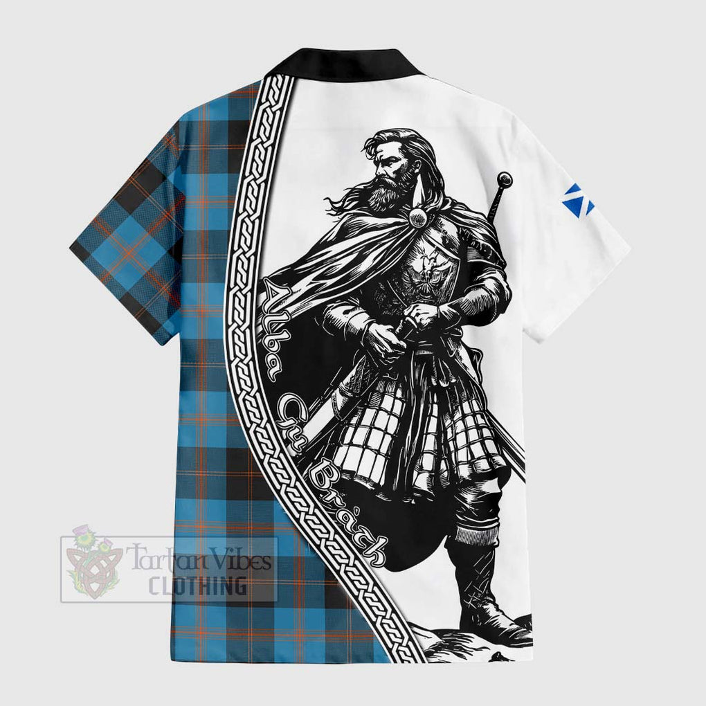 Tartan Vibes Clothing Horsburgh Tartan Clan Crest Short Sleeve Button Shirt with Highlander Warrior Celtic Style