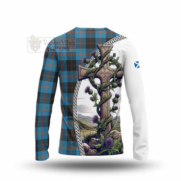 Horsburgh Tartan Long Sleeve T-Shirt with Family Crest and St. Andrew's Cross Accented by Thistle Vines