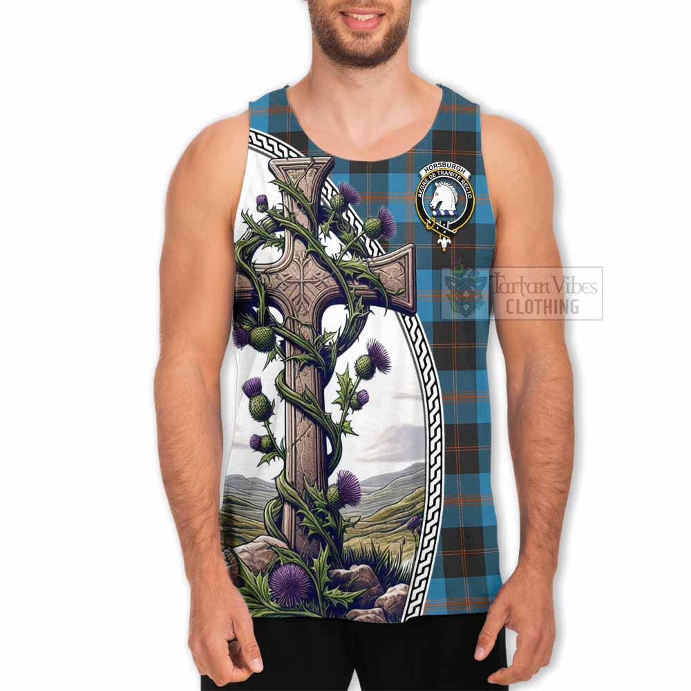 Tartan Vibes Clothing Horsburgh Tartan Men's Tank Top with Family Crest and St. Andrew's Cross Accented by Thistle Vines