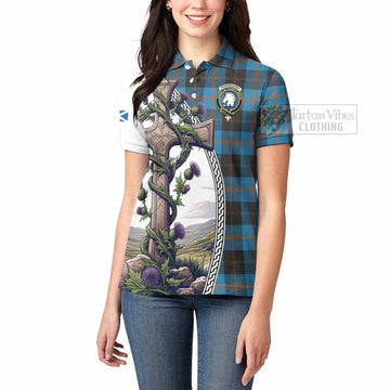 Horsburgh Tartan Women's Polo Shirt with Family Crest and St. Andrew's Cross Accented by Thistle Vines