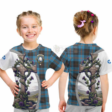 Horsburgh Tartan Kid T-Shirt with Family Crest and St. Andrew's Cross Accented by Thistle Vines