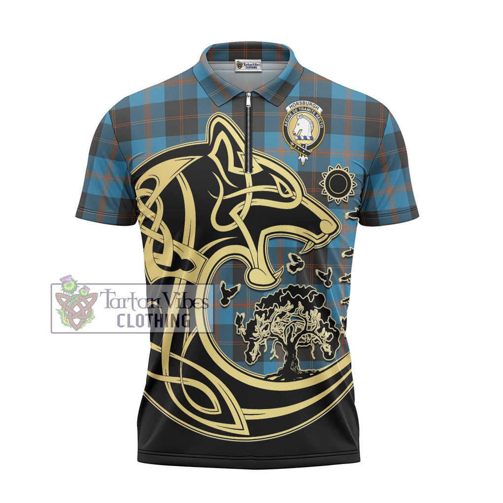 Horsburgh Tartan Zipper Polo Shirt with Family Crest Celtic Wolf Style - Tartanvibesclothing Shop